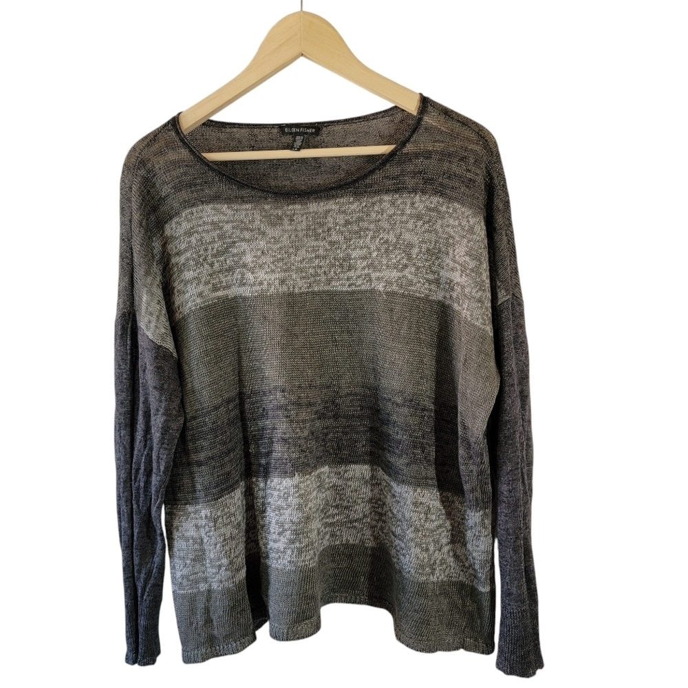 EILEEN FISHER Gray Striped 100% Linen Pullover Knit Top Sz L Quite Luxury Crew